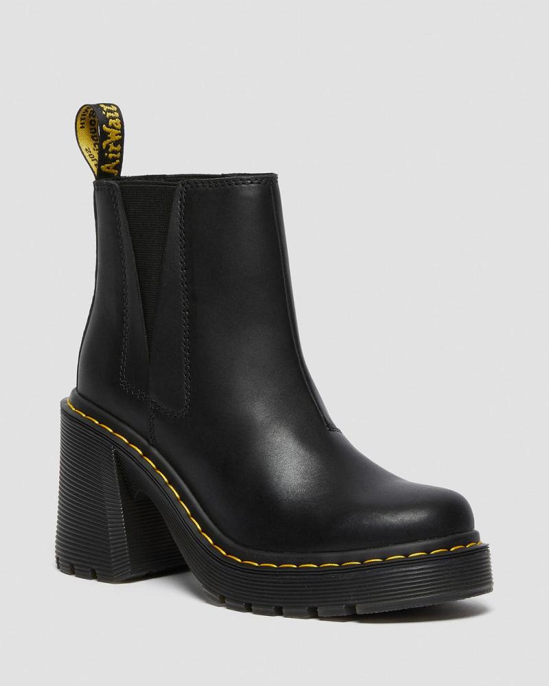 Black Women\'s Dr Martens Spence Leather Flared Heel Ankle Boots | CA 69CTV